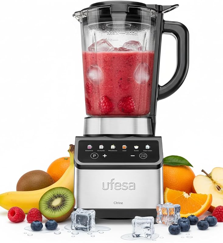 Liquidificador Digital Citrine 1200W, Garrafa de Vidro 1,5L, 7 Funções Automáticas, 4 Lâminas em Aço Inoxidável, Auto-Limpável e Gelo Triturado, Batidos, Controlo Tátil, Antiderrapante