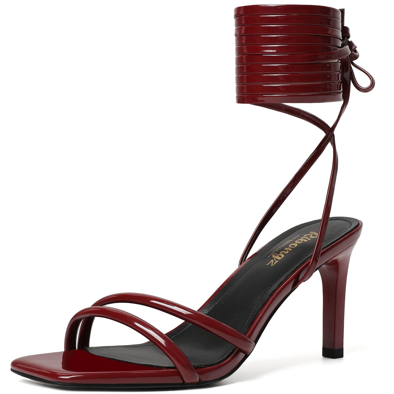 Photo 1 of RIBONGZ Burgundy Strappy Heels for Women Maroon Heeled Lace Up Sandals Ankle Strap Stiletto High Dark Red Heels Square Open Toe Sexy for Wedding Prom Party Comfort Dress Shoes 7.5