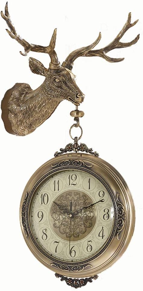 DZSW Wall Clock Double-Sided Clock Quartz Clock Deer Head Pure Copper Color Mute Decoration Home/Office/School Four Styles (Color : B)