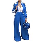 Akmipoem Sweatsuits Women 2 Piece Outfit Striped Tracksuit Long Sleeve Zipper Crop Sweatshirt Wide Leg Sweatpants Set