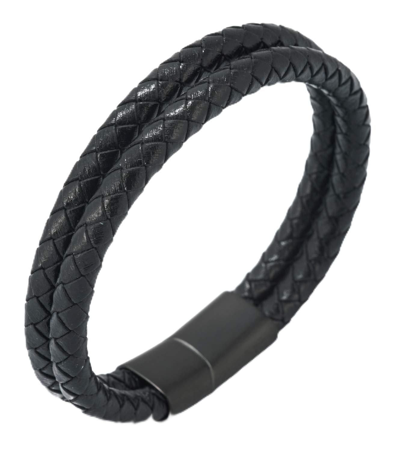 HALUKAKAH ● Solo ● Men's Genuine Black Leather Titanium Bracelet Double Wrap 8.46"(21.5cm) Black Magnetic Clasp with Free GIftbox