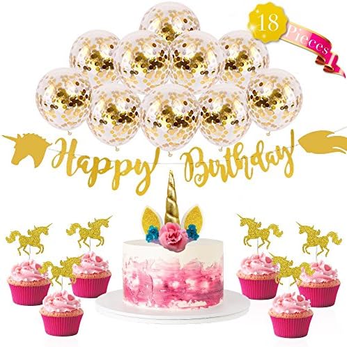 Unicorn Party Supplies Kit Cake Topper Cupcake Topper Confetti Balloons and Unicorn Happy Birthday Banner Decoration Set