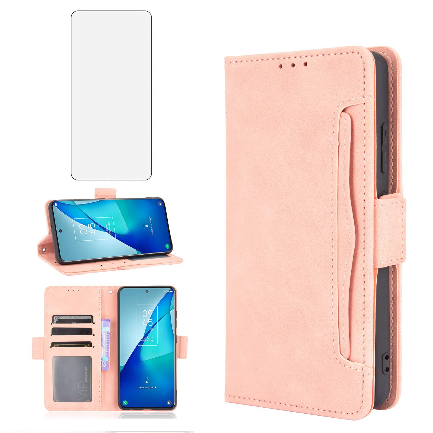 Asuwish Compatible with TCL 20S/20 5G/20L/20L+ Plus Wallet Case and Tempered Glass Screen Protector Card Holder Credit ID Slot Flip Cell Accessories Phone Cover forTCL20S TCL20L+ Women Men Rose Gold