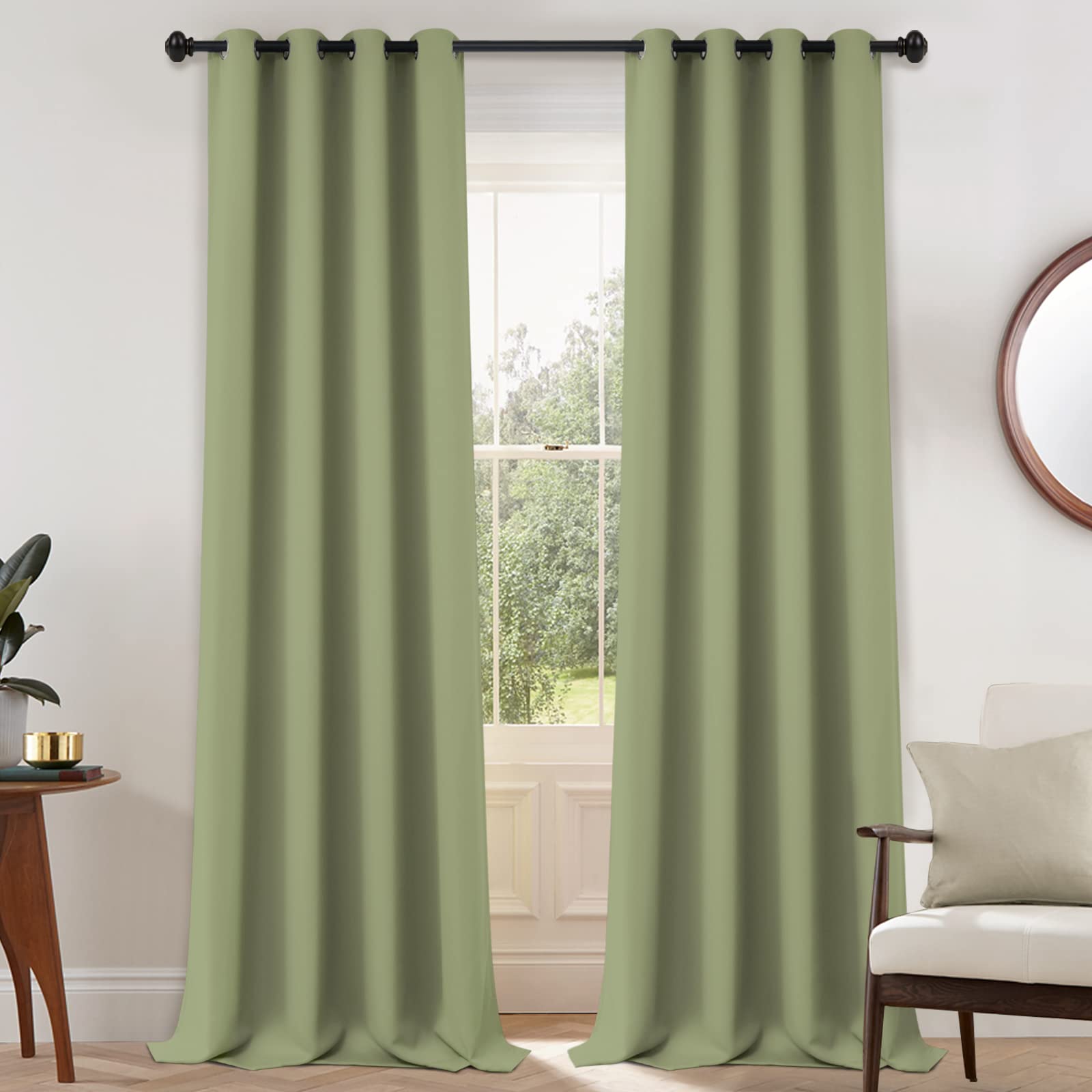 Yakamok Blackout Curtains Room Darkening Thermal Insulated Window Panels,Solid Grommet Top Drapes for Bedroom(52x108 Inch, Sage Green, 2 Panels)