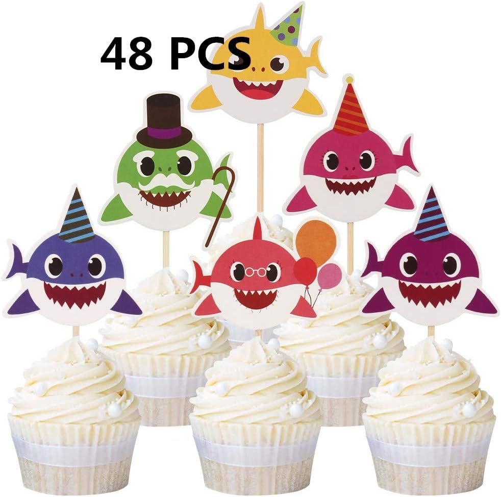 48pcs Baby Shark Cupcake Cute Shark Cake Toppers For Kids Birthday Party Decorations Cupcake Supplies