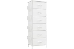 Somdot Tall Dresser for Bedroom with 6 Drawers and Side Pockets, Storage Organizer Chest of Drawers with Fabric Bins for Closet Bedside Nursery Living Room Entryway Hallway, White Leather