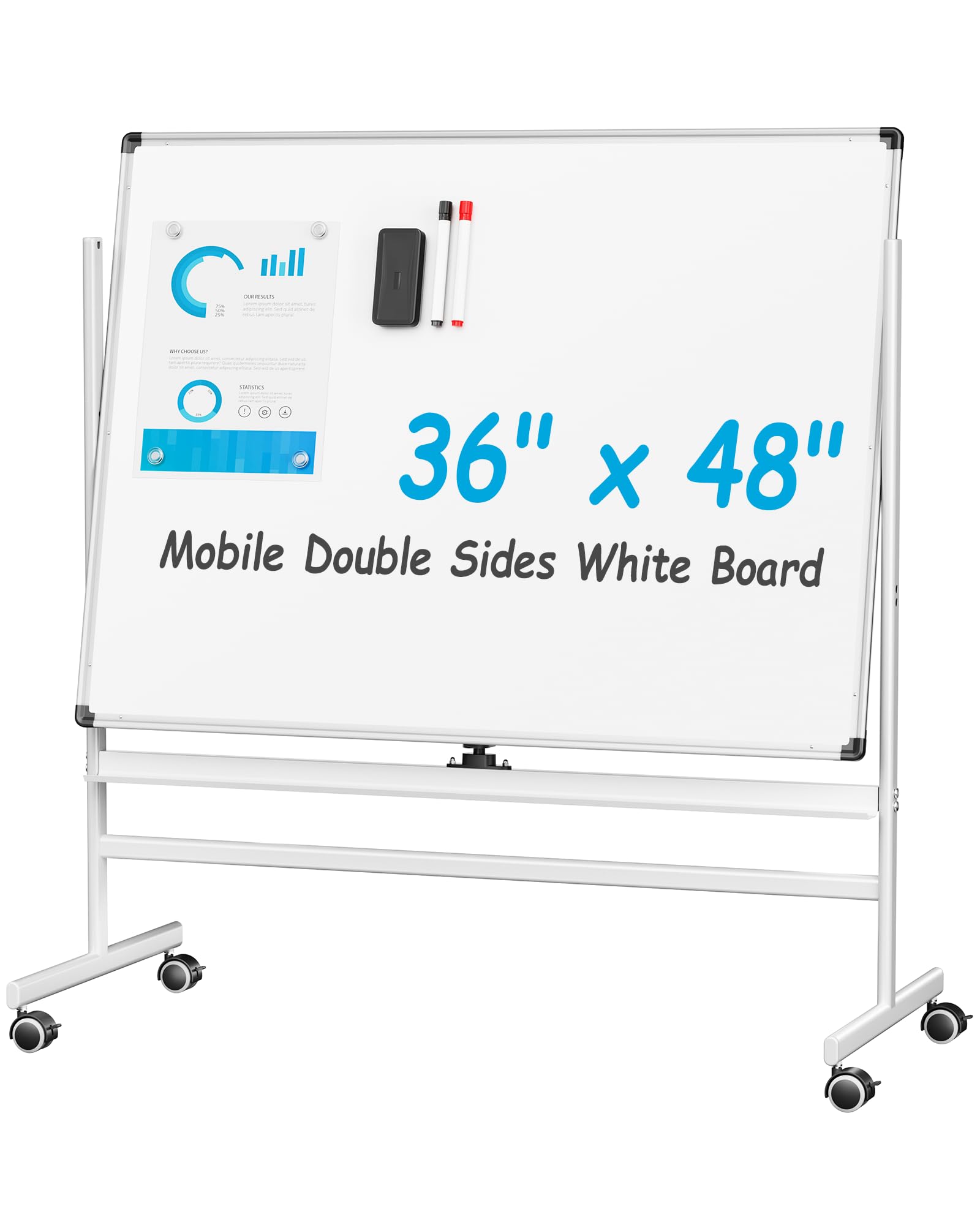 Photo 1 of VUSIGN Mobile Double Sides White Board Kit 36" x 48", 1 Dry-Erase Eraser, Red Marker & Black Marker, 4 Magnetic Pins, Aluminum Frame, Portable Dry Erase Board with Stand for Office, Home, School