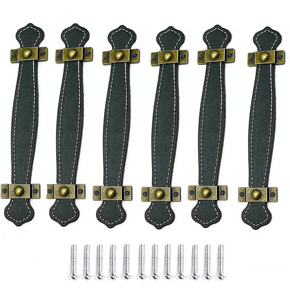 Alnicov 6pcs Leather Drawer Pulls Vintage Practical Suitcase Handles Leather Pull Handles for Drawer Cabinet Door Black