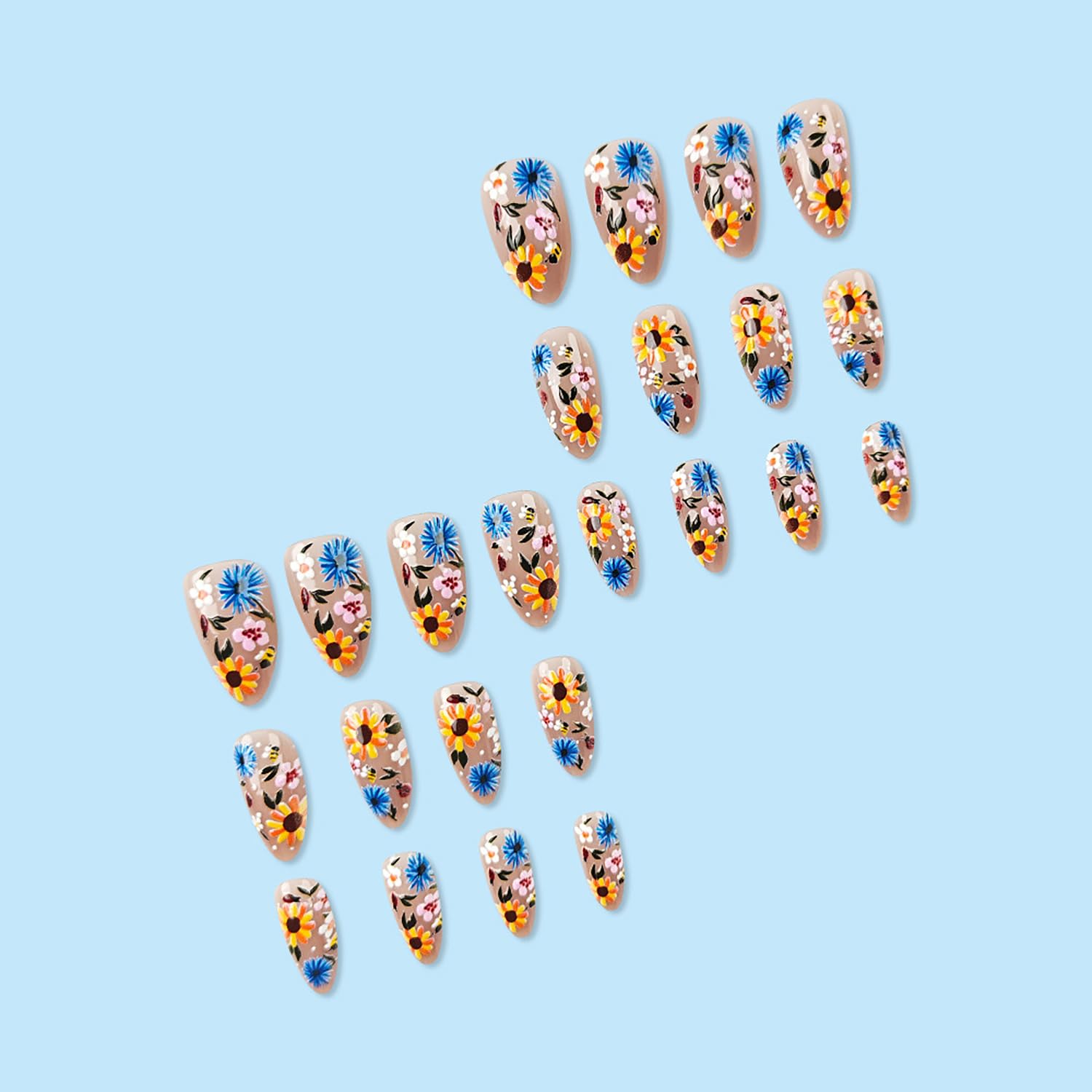 Spring Press On Nails Medium Almond Fake Nails Flower Nails Press Ons Acrylic False Nails With Flower Daisy Designs Full Cover Glue On Nails Artificial Stick On Nails For Women 24Pcs - Image 4