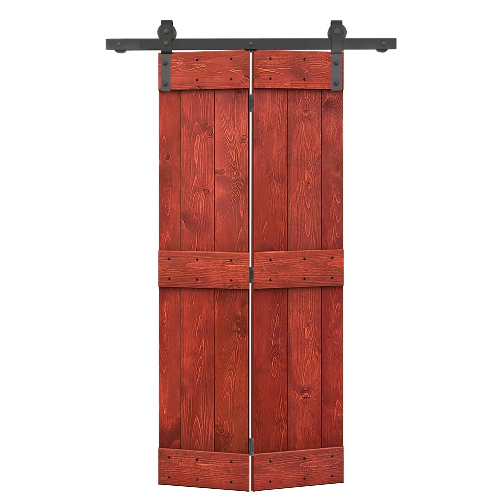 Photo 1 of 34 in. x 84 in. Mid-Bar Series Cherry Red Stained DIY Wood Bi-Fold Barn Door with Sliding Hardware Kit