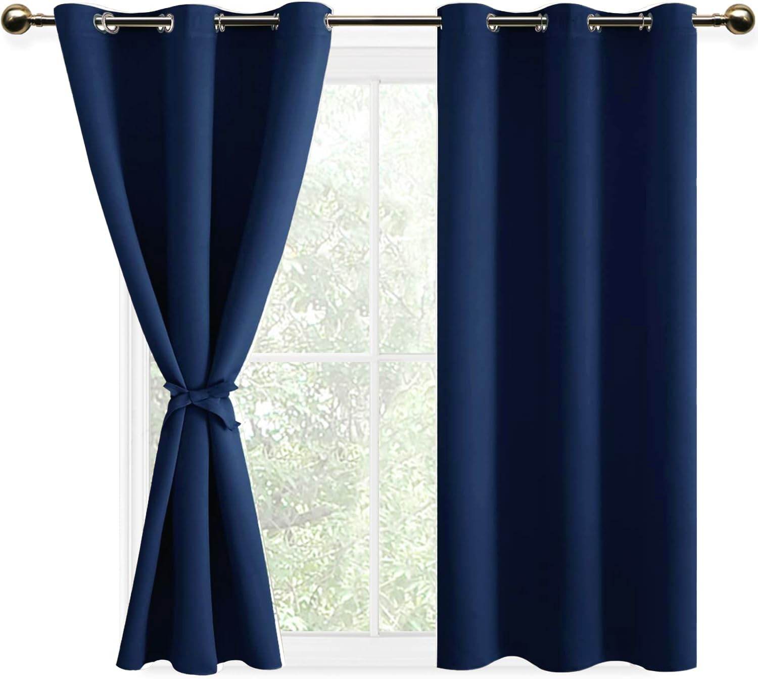 DWCN Dark Blue Eyelet Blackout Curtains with Tie backs Thermal Insulated Short Small Curtains for Bedroom,46" Wide x 54" Drop,2 Panels,