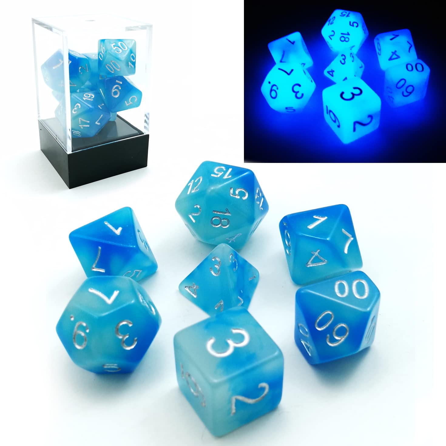 Bescon Gemini Glowing Polyhedral Dice 7pcs Set ICY ROCKS,Luminous RPG Dice Set d4 d6 d8 d10 d12 d20 d%, Brick Box Packaging