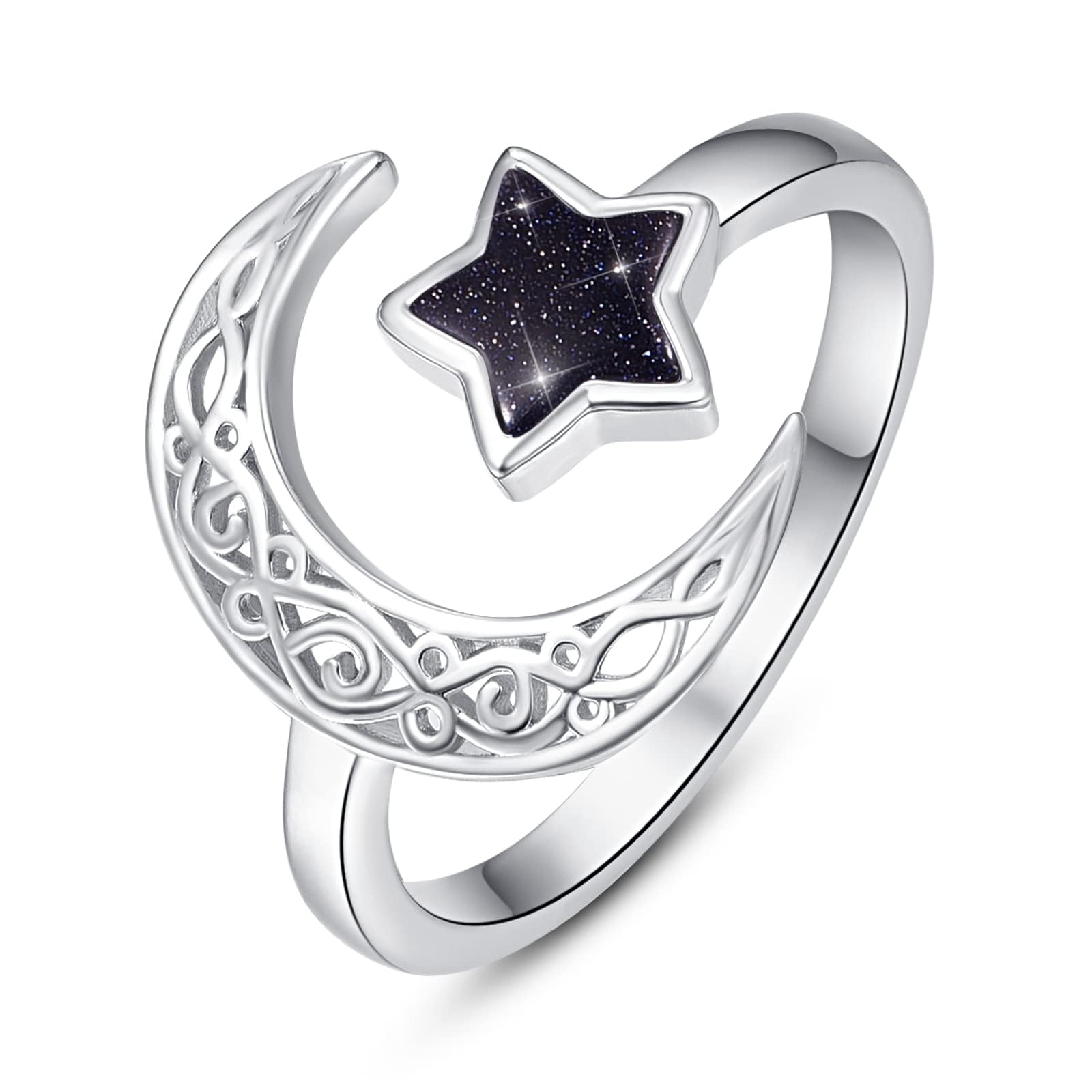 KINGWHYTE Celtic Knot Ring 925 Sterling Silver Moon and Star Ring for Women Celtic Adjustable Rings Jewellery Gift for Girls Mom Grandmother Girlfriend