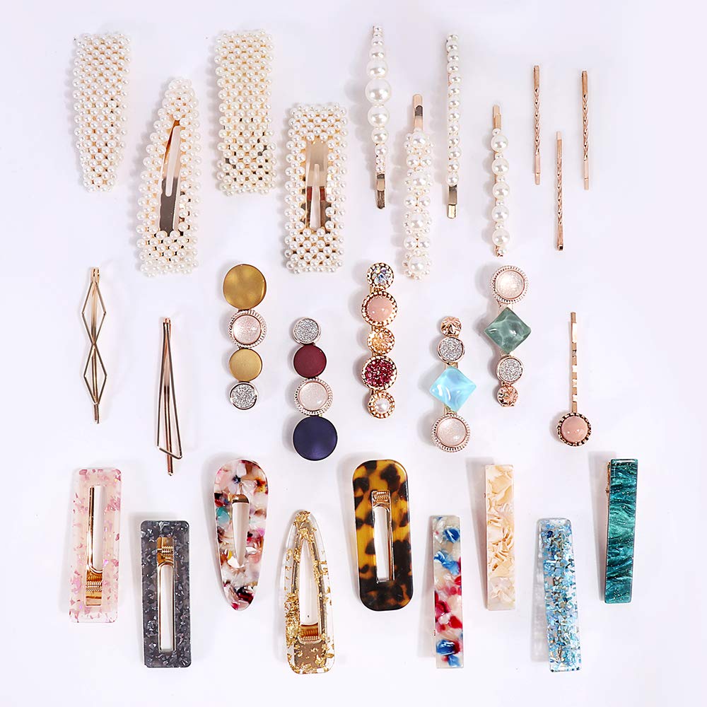 28 PCS Hingwah Pearls and Acrylic Resin Hair Clips, Handmade Hair Barrettes, Marble Alligator bobby pins, Glitter Crystal Geometric Hairpin, Elegant Gold Hair Accessories, Gifts for Women Girls : Beauty