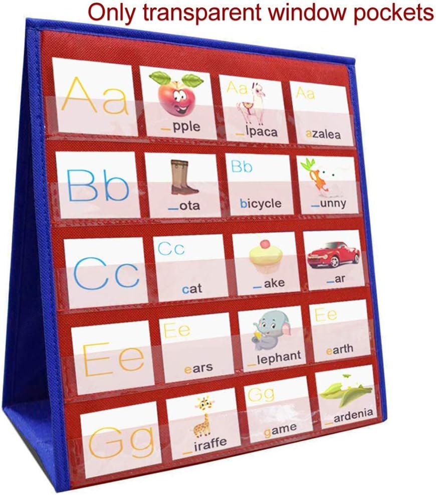 Tabletop Pocket Chart, Double-Sided & Self-Standing Desktop Pocket Chart Classroom Pocket Chart - Numbers and Words Activities, Class, Family Educational Tool (red+Blue)