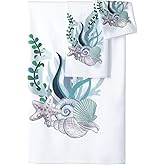 Newwiee 3 Pcs Bath Towel Set for Bathroom Coastal Beach Themed Bath Hand Towels Starfish and Seashells Absorbent Ocean Washcloths for Hotel Beach Travel Sports Gym Pool Spa Yoga Camp Summer Holiday