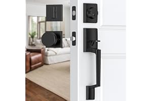 Calzibeno Front Door Lock Set - Matte Black Exterior Door Handle With Modern Knob, Reversible for Right & Left, Adjustable Deadbolt