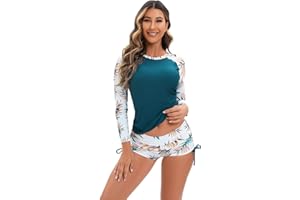 OBEEII Women Long Sleeve Swimsuits Two Piece Rash Ruard UV UPF 50+ Swim Shirt with Boyshort Bottom Bathing Suit