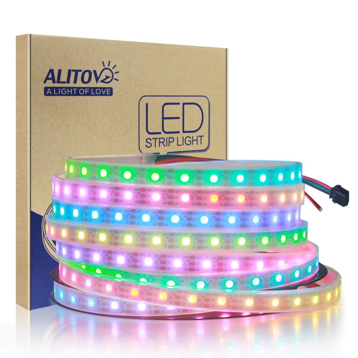 ALITOVE 16.4ft 300 LEDs WS2812B Individually Addressable 5050 RGB LED Strip Light LED Pixel Flexible Lamp Tube Waterproof IP67 White PCB