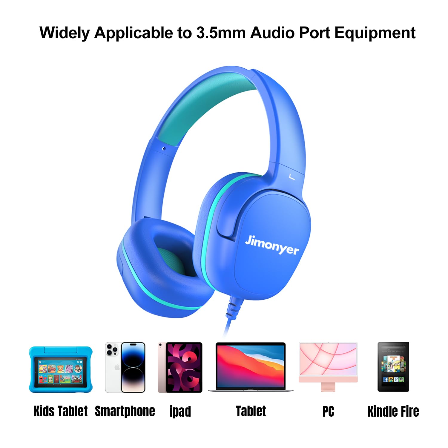 Kids Headphones for School, 3.5mm Jack Wired Headphones for Kids with Safe Volume Limiter, HD Stereo Sound On-Ear Girls Boys Toddler Headphone for Tablet, iPad, Kindle(Blue)