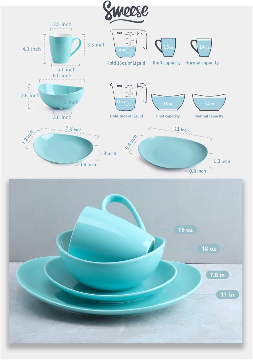  | Sweese 199.003 Porcelain Dinnerware Set, 24-Piece, Service for 6, Cool Assorted Colors: Dinnerware Sets