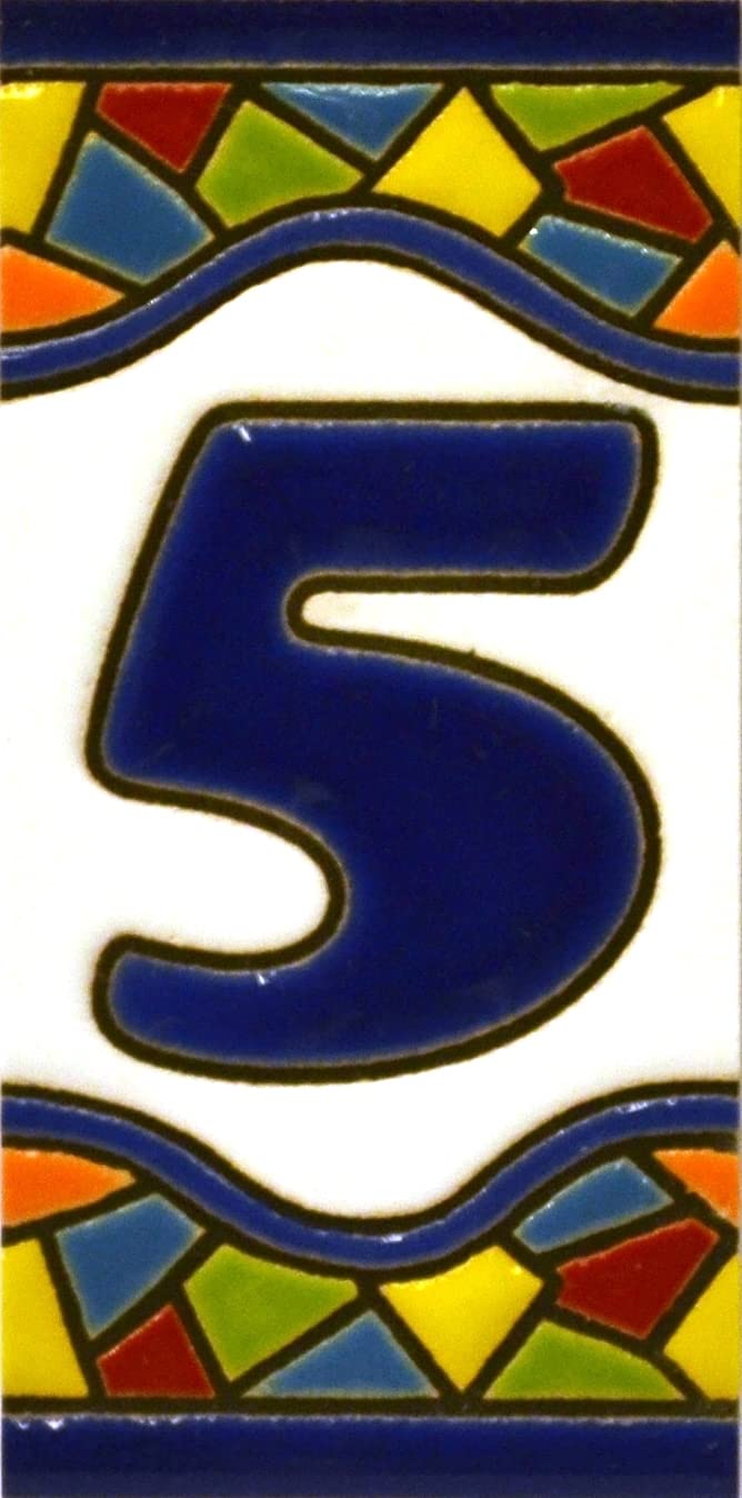 ART ESCUDELLERS House Number Tile, Ceramic, Traditional Spanish Mosaic Style, Number Five '5', 2.87" x 1.38" (7.3 cm x 3.5 cm), Handpainted, Wall Mount, Entrance, Property, Porch