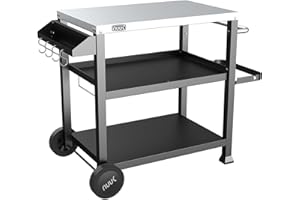 NUUK 3-Shelf Grill Cart for Outdoor with Stainless Steel Top – 20" x 32" Movable Pizza Oven Stand with Wheels Kitchen Prep Table BBQ Cart Worktable