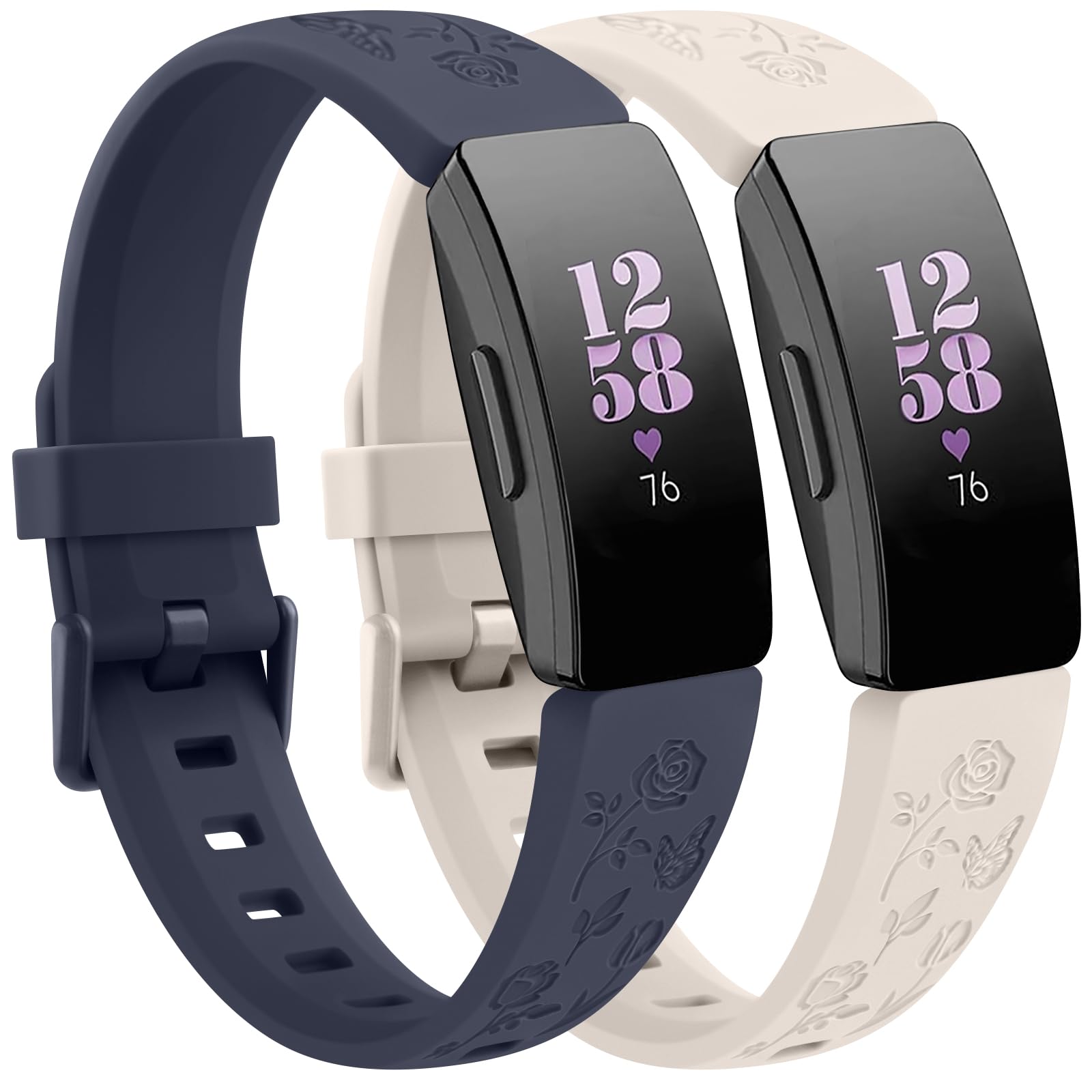Photo 1 of 2 Pack Rose Butterfly Engraved Bands for Fitbit Inspire HR Bands/Fitbit Inspire Bandfor Women, Soft Elegant Floral Pattern Band Compatible with Fitbit Inspire HR, Starlight/Blue