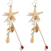 Starfish Earrings for Women Gold Ocean Themed Statement Earrings with Crystal Pearl Shell Pendant Dangle Drop Beach Jewelry Summer Boho Tassel Earrings for Women