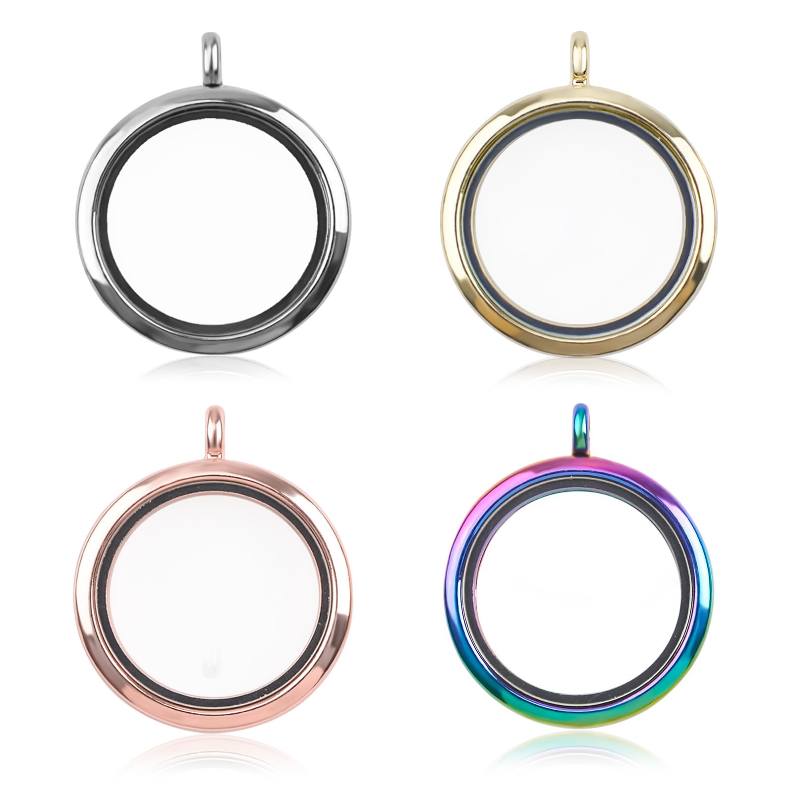 WANDIC Memory Locket Charms, 4 Pcs Round Mixed Colored Electroplated Crystal Picture Frame Bouquet Charm, Living Floating Memory Locket for 2 Photos