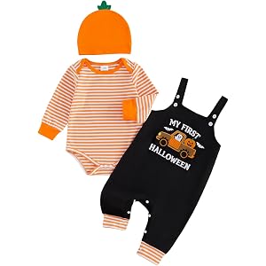 DNOMAID YZARC Newborn Baby Boy 1st Halloween Outfit Stripe Long Sleeve Romper Pumpkin Overall Pants Hat Set 3Pcs Fall Clothes