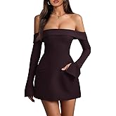 Wenrine Women's Sexy Off The Shoulder Mini Dress Bell Long Sleeve A Line Flared Going Out Club Party Dresses
