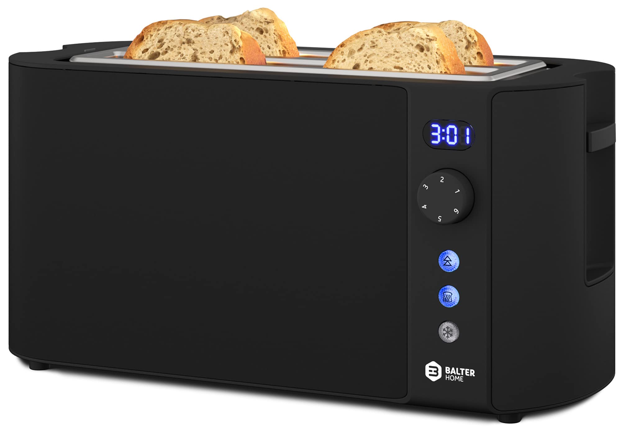 Balter Toaster 4 Scheiben, Langschlitz, Edelstahl, Brötchenaufsatz, LCD Display mit Restzeitanzeige, Auftaufunktion, Brotzentrierung, Krümelschublade, TS-04-LCD, Farbe: Schwarz