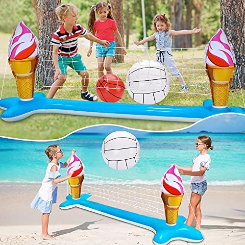 Inflatable Pool Volleyball Net Set Basketball Hoop with 2 Balls Large