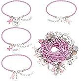 PH PandaHall 24pcs 4 Styles Breast Cancer Awareness Bracelets, PU Leather Braided Cord Bracelet Pink Ribbon Care Gifts for Inspirational Bracelet Women Sister Cancer Fighter Survivor Jewelry