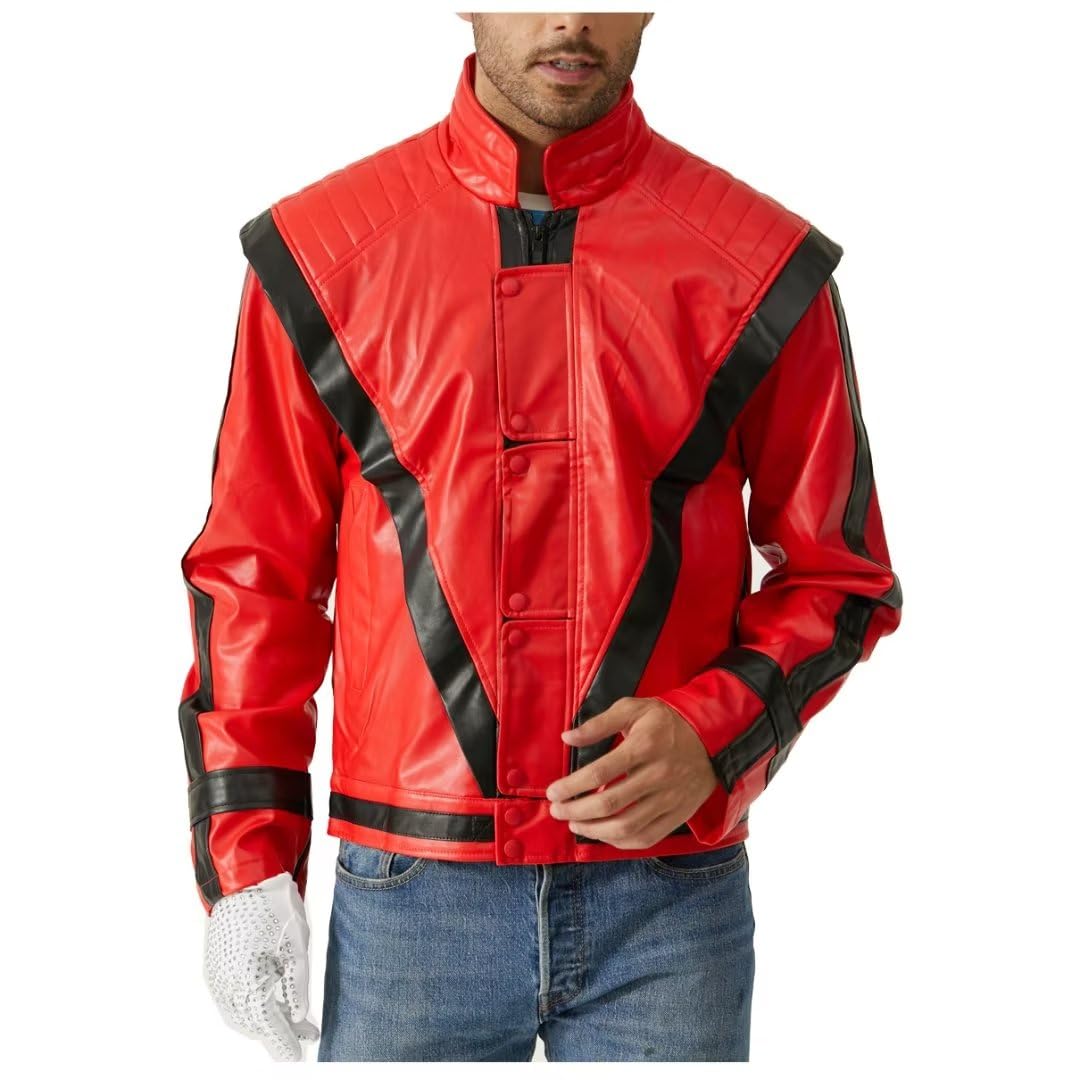 Shuanghao Men Women Red Leather Jackets Costumes - Halloween Christmas Parties Dances Cosplay Role Playing Retro Punk Adult Unisex Full of Personality Red Leather Coat (give Glove)(XL, Red Black)