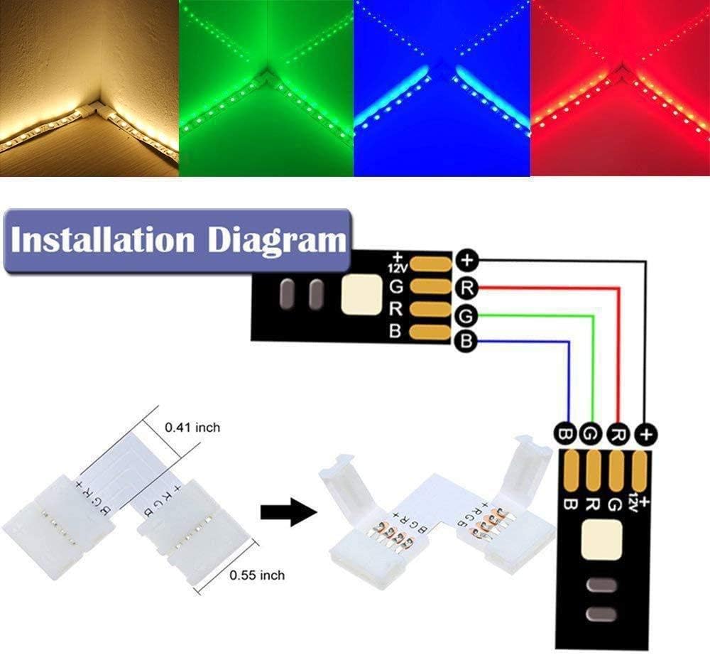 20Pcs 10mm L Shape 4 Pins RGB PBC LED Light Strip Connector Gapless Strip to Strip Solderless Adapter for 5050 SMD RGB LED Strip Lights - - 