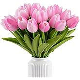 HoveBeaty Artificial Tulips Bridal Wedding Festival Decor Bouquet Real Touch PU Flower Bouquet Pack of 20 (Pink)