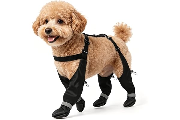 PETLESO Small Dog Boots Suspender, Waterproof Dog Boots with Elastic Adjustable Suspenders, Anti-Slip Rain Booties, Snow Rain