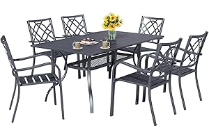 Oakcloud 7-Piece Patio Dining Set, Outdoor Metal Furniture Dining Table Set 6 Stackable Patio Dining Chairs and Rectangle Dining Table with Umbrella Hole, Black