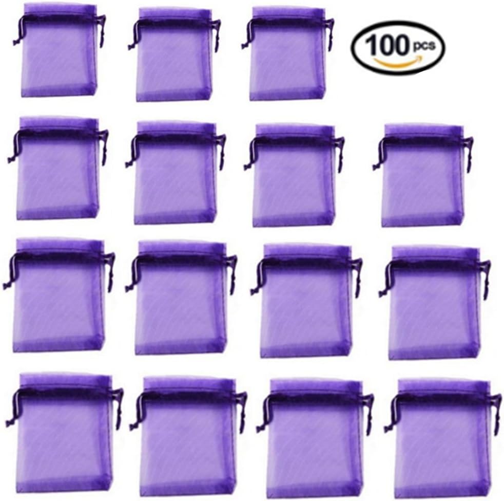 100 Pieces Transparent Bags Satin Drawstring Organza Pouch Watch Bags Gift Bags Wedding Party Favour Jewellery Packing Pouches (5*7, Purple)