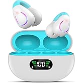 Clip On Earbuds, Bluetooth 5.3 Lightweight Comfort Bone Conduction Open Ear Headphones with LED Digital Display Charging Case Sport Built-in Mic IPX7 Waterproof for Running Fitness Android,Light Blue1