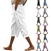 Linen Capri Pants Women Spring Summer Casual Beach Drawstring Side Button Elastic Waist Straight Wide Leg Cropped Pant