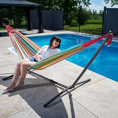 Vivere Double Cotton Hammock with Space Saving Stand and Carry Bag