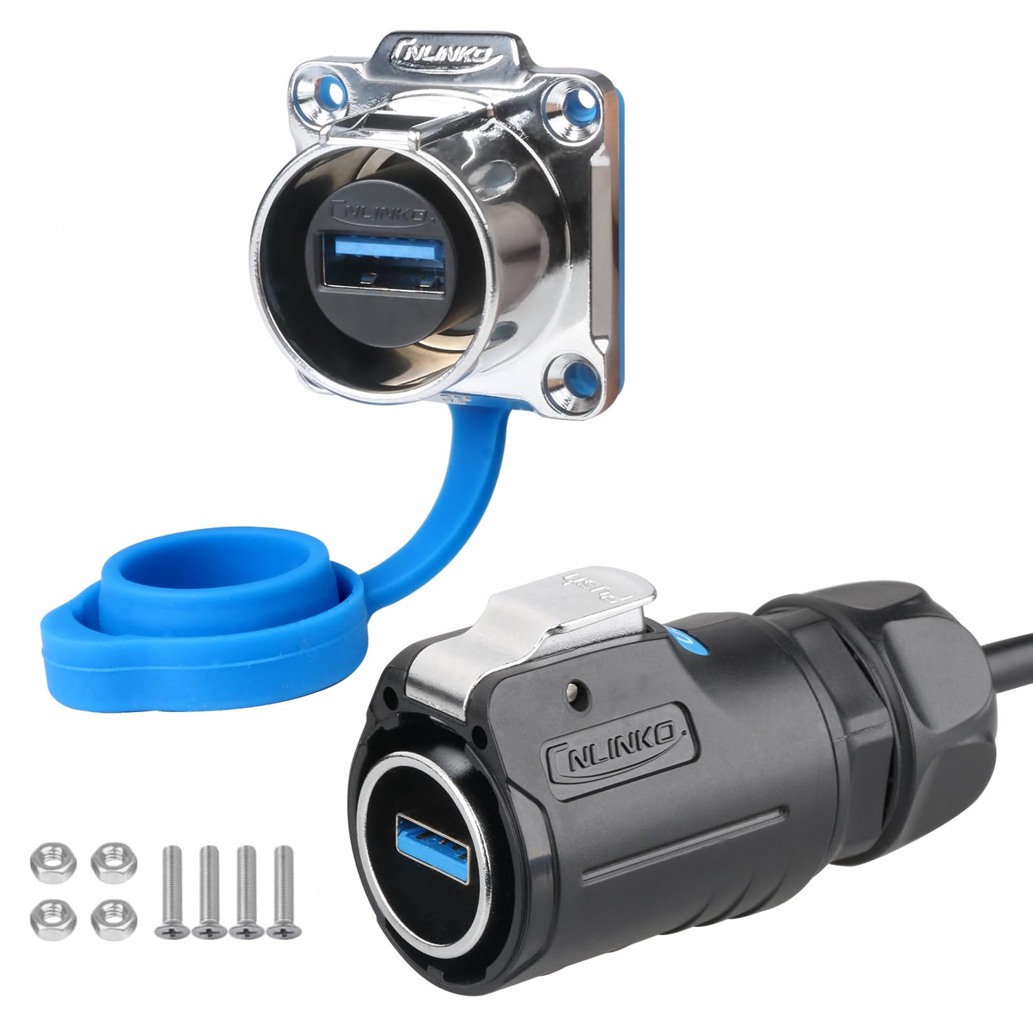 CNLINKO LP-24 USB3.0 Connector Set,Type A Female，Male Plug with 20 Inches Cable, Panel Mount Receptacles Socket IP68 Data Waterproof Connector M24 (USB Set)