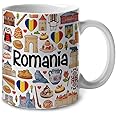 Lotacy Romania Symbols Colorful Coffee Mug, Romania Ceramic Mug 11 oz Coffee Mug, Romania Souvenir and Gifts, Gift Idea for Romanian Men and Women
