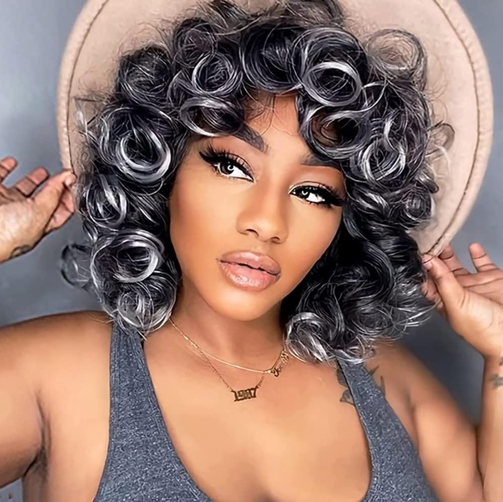 PORSMEER Ombre Grey Silver Curly Wigs for Women Synthetic Hair Natural Loose Curly Afro Kinky Medium Wavy Bob Wig Black Women for Costume or Daily Wear — image 1