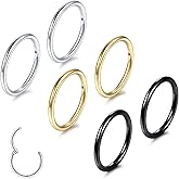 BLZ 18G 12mm Nose Rings Hoops for Women Men 6PCS Septum Jewelry 316L Surgical Steel Hinged Segment Ring Body Piercing Nose Hoop Lip Rings Nose Helix Cartilage Rook Earrings