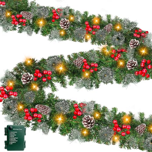 Photo 1 of [ Timer & 8 Modes ] 9 Ft by 10 Inch 50 LED Prelit Christmas Garland Decorations Warm White Lights Thick 270 Snowy Tips 70 Red Berry 10 Pinecone Xmas Decor Garland Indoor