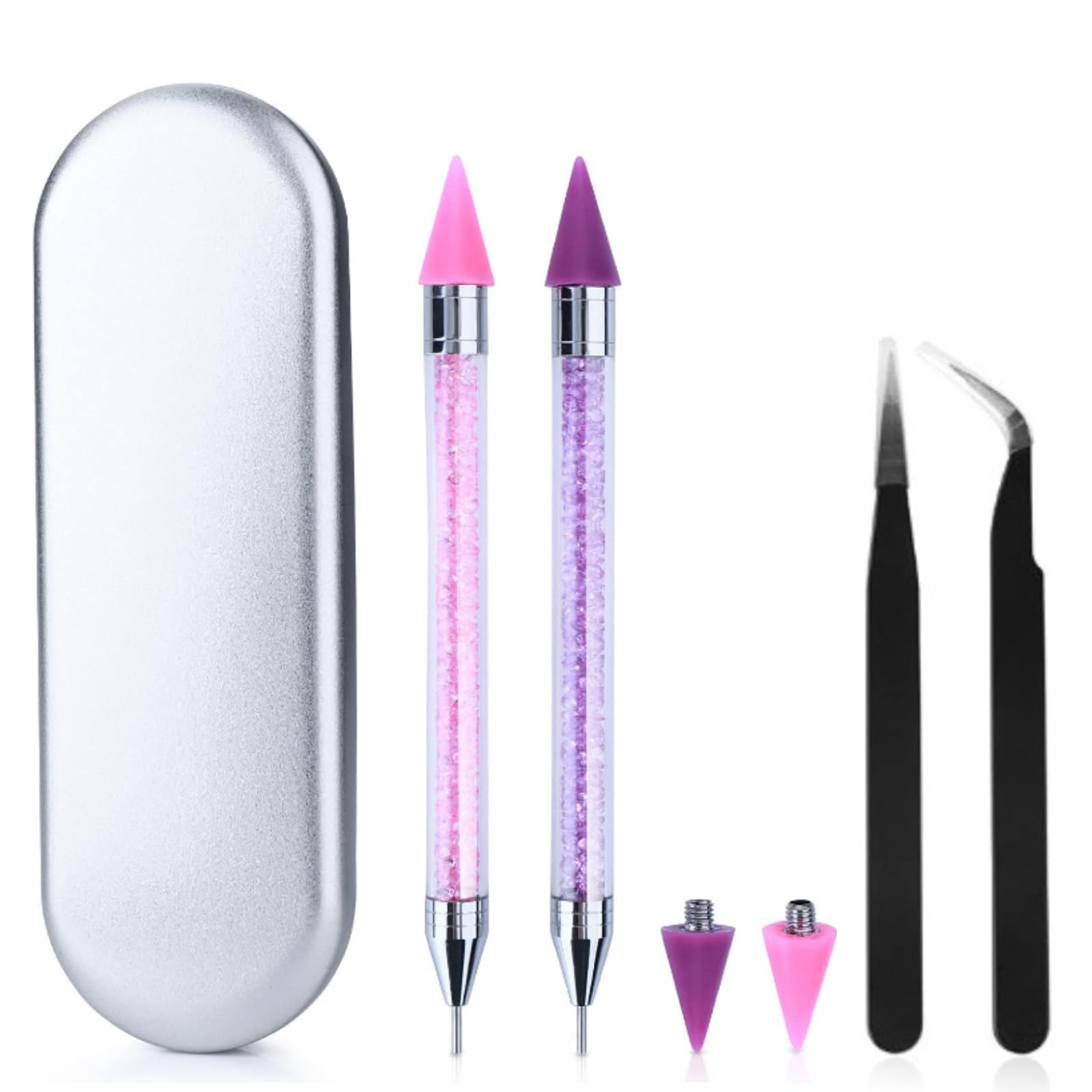 IUSOT Nail Art Markers, 6 Pcs Rhinestone Pen Set with Wax Head Tips & Tweezers, Acrylic Crystal Nail Art Pens for DIY Nail Design, Diamond Painting and Professional Nail Art